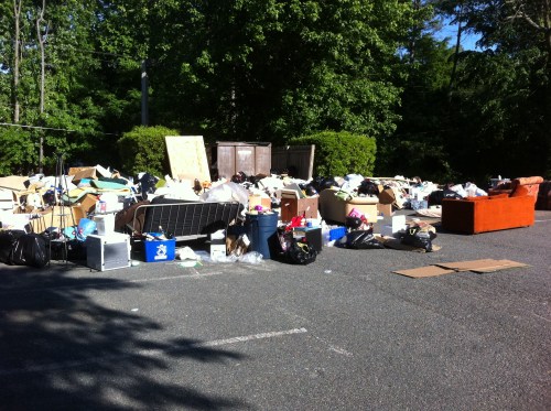 A pile of garbage and other usable items at the University on moving day