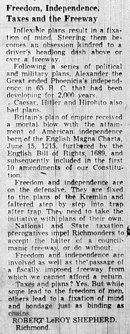 Freedom, independence, taxes and the freeway