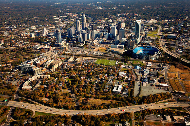 Generial aerial views on uptown / downtown / city center Charlotte skyline